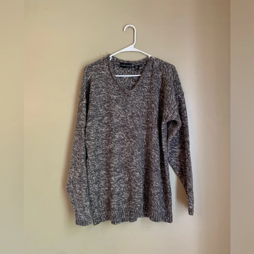 90’ vintage mens textured heathered sweater, v neck rolled collar, conte…